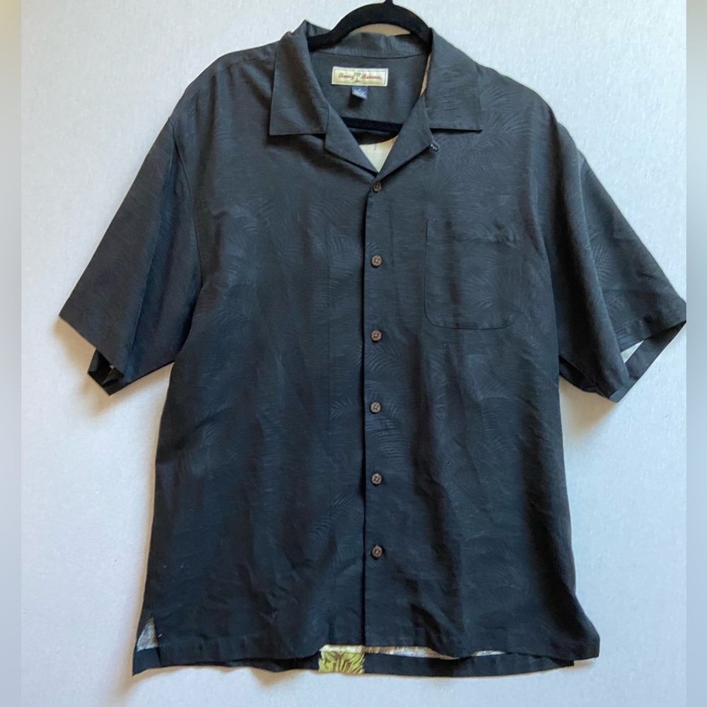 Tommy Bahama black tropical leaves mural silk short sleeve button up shirt Sz M